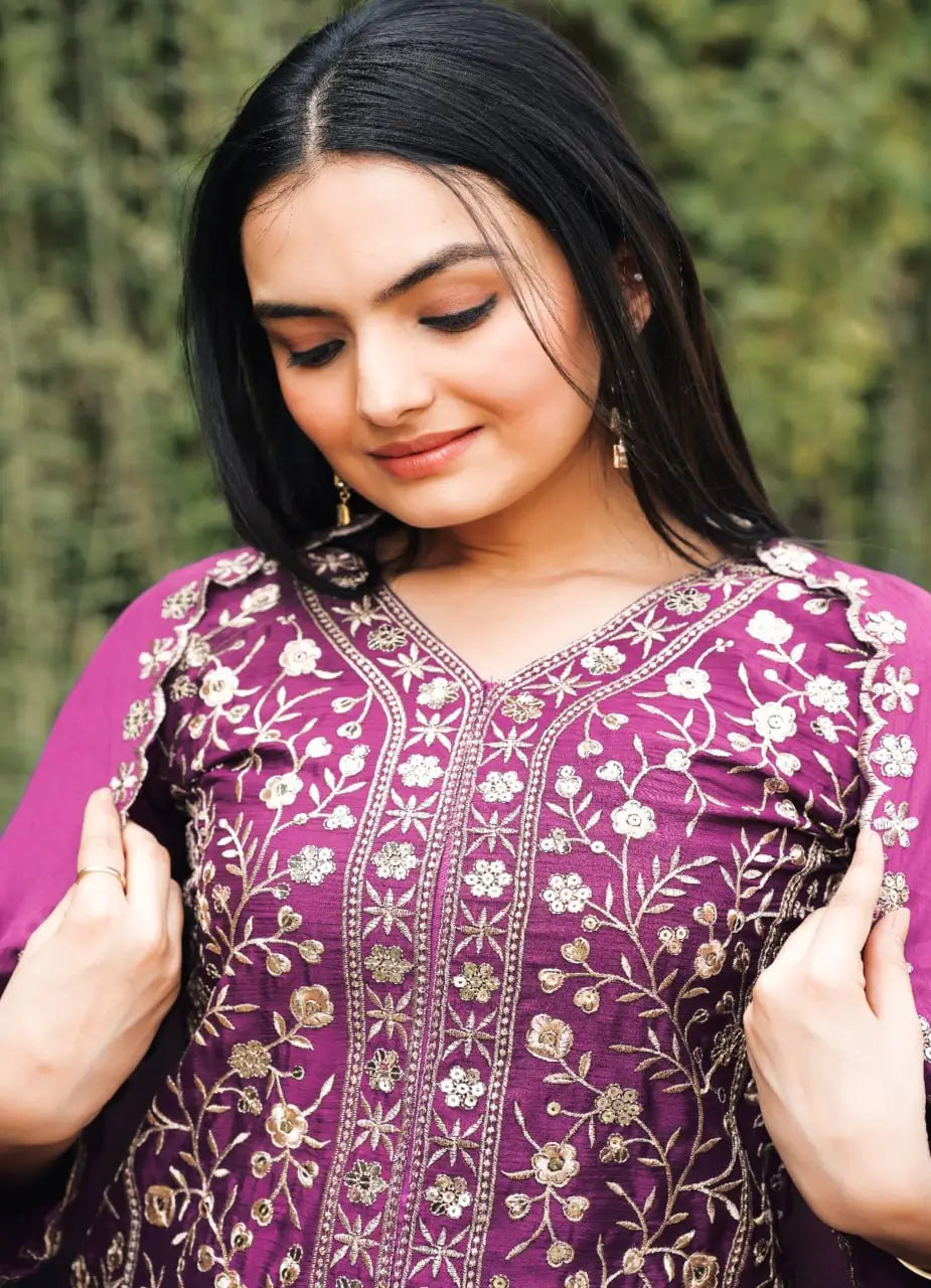 Embroidered Chinon Kurta Sharara Set