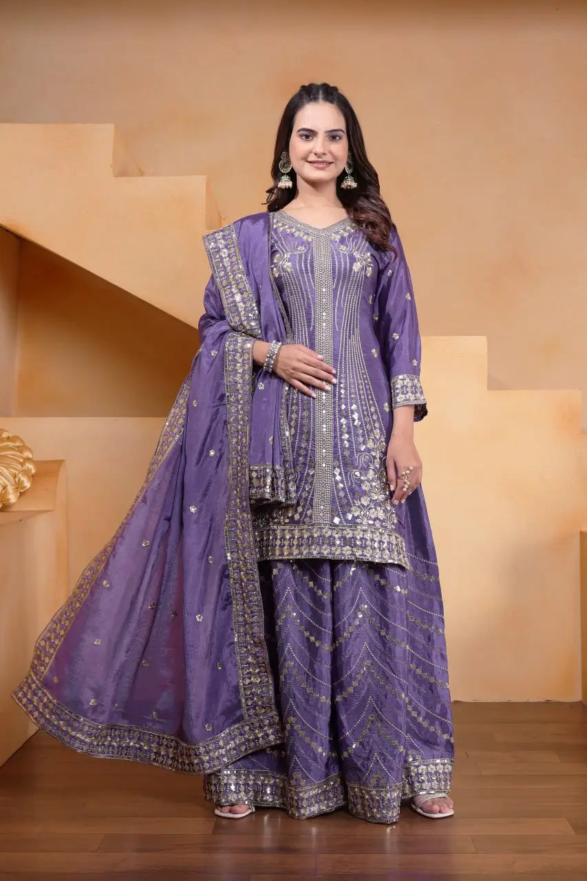 Embroidered Chinon Kurta Sharara Set