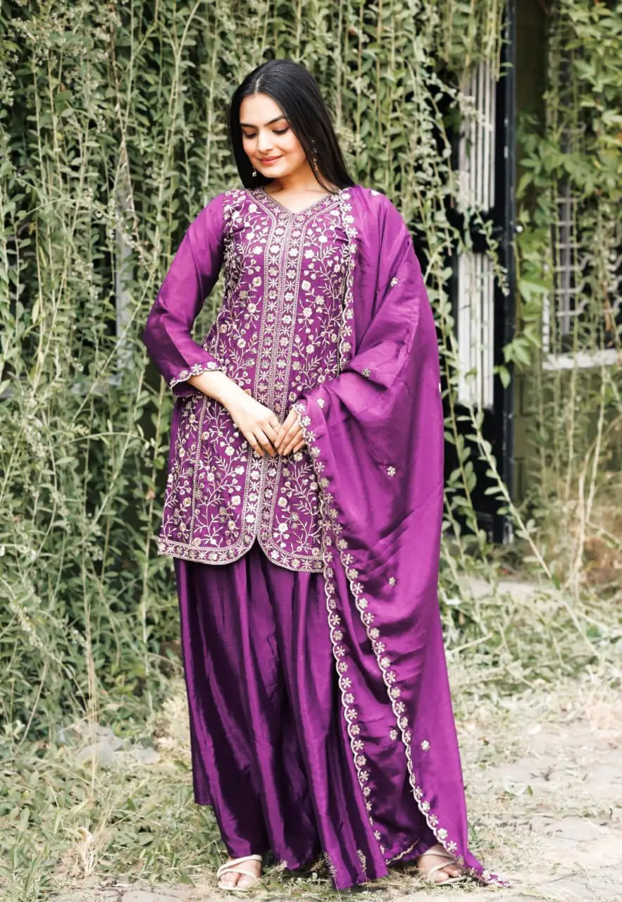 Embroidered Chinon Kurta Sharara Set