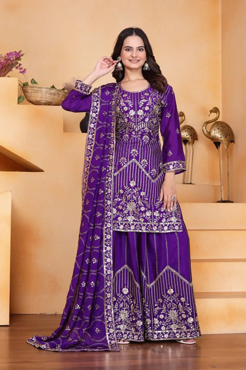 Embroidered Chinon Kurta Sharara Set
