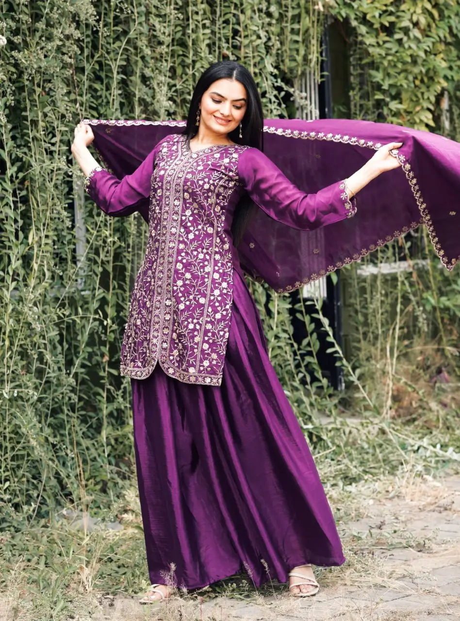 Embroidered Chinon Kurta Sharara Set