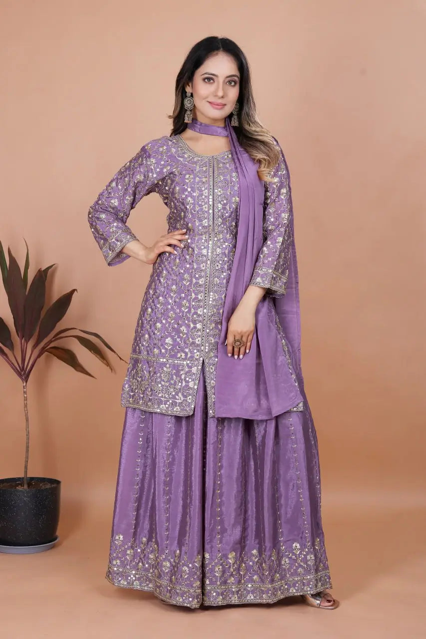 Embroidered Chinon Kurta Sharara Set