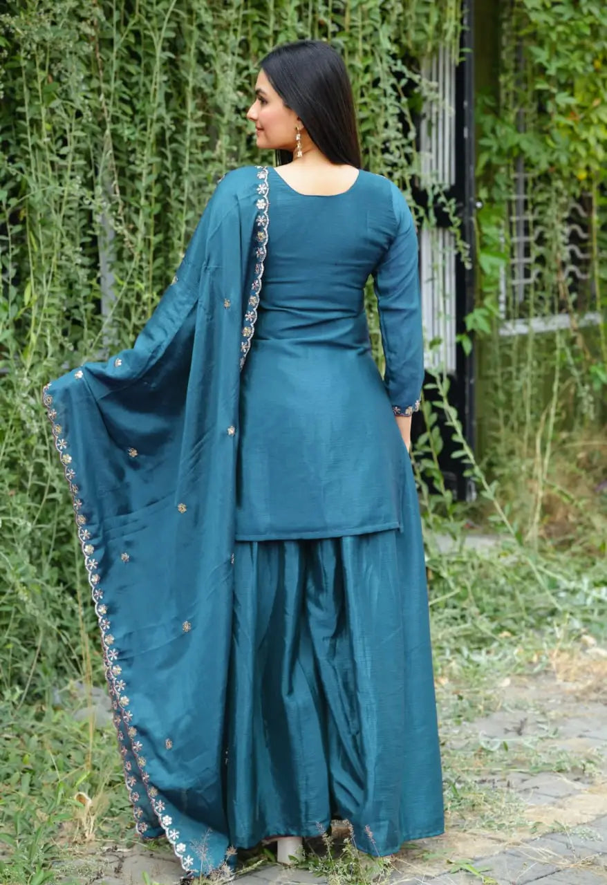 Embroidered Chinon Kurta Sharara Set