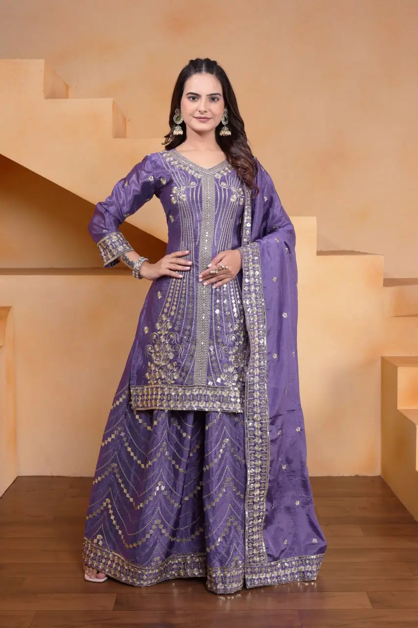 Embroidered Chinon Kurta Sharara Set