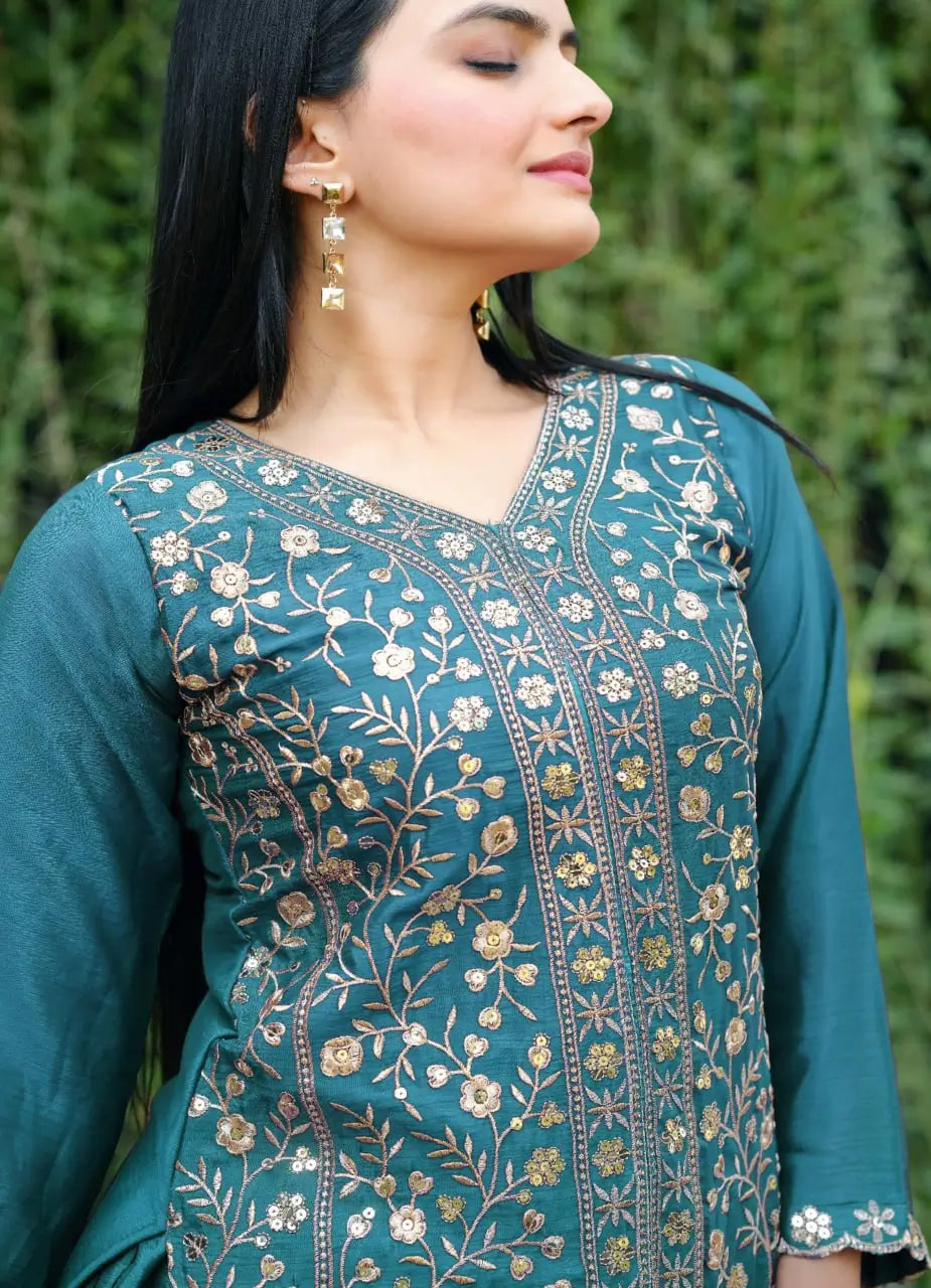 Embroidered Chinon Kurta Sharara Set
