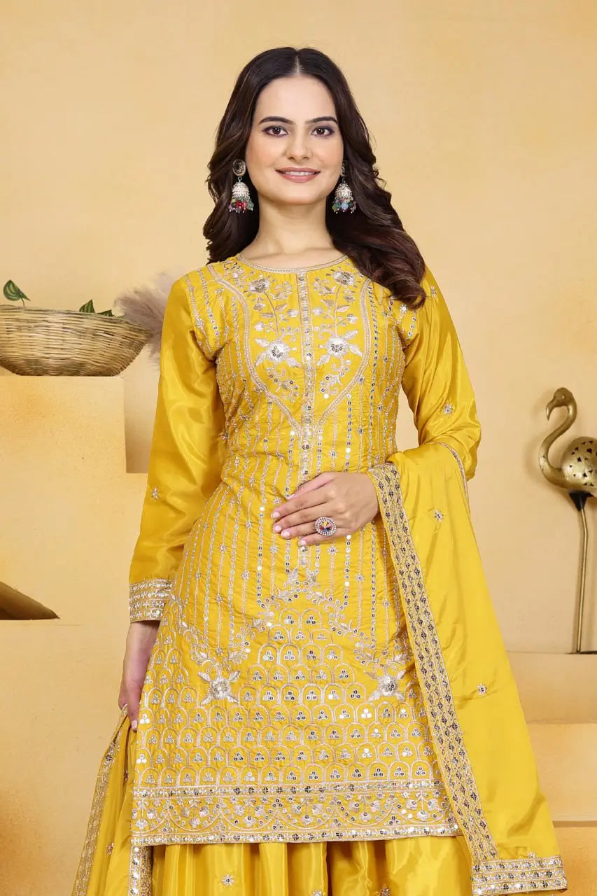 Embroidered Chinon Kurta Sharara Set