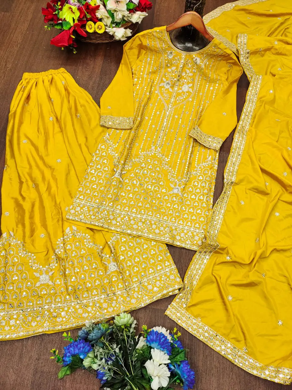 Embroidered Chinon Kurta Sharara Set