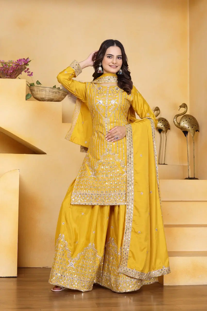 Embroidered Chinon Kurta Sharara Set