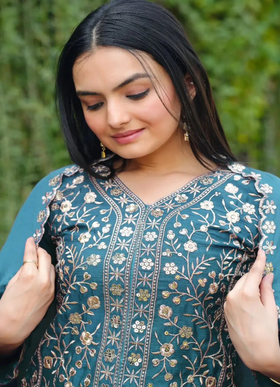 Embroidered Chinon Kurta Sharara Set
