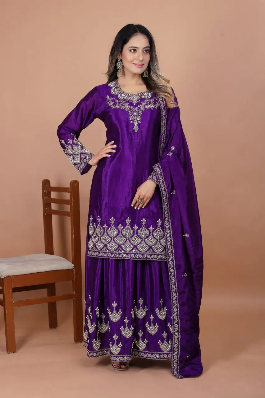 Embroidered Chinon Kurta Sharara Set