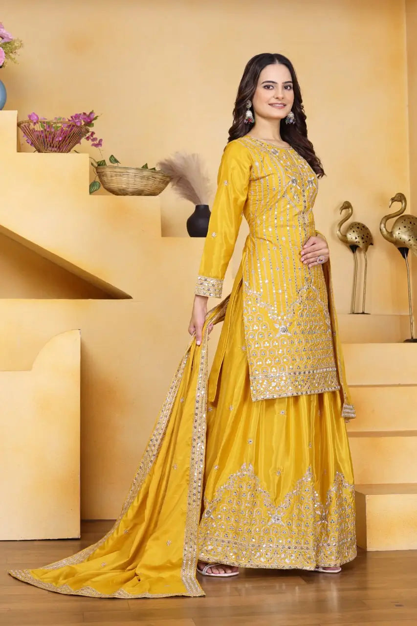Embroidered Chinon Kurta Sharara Set