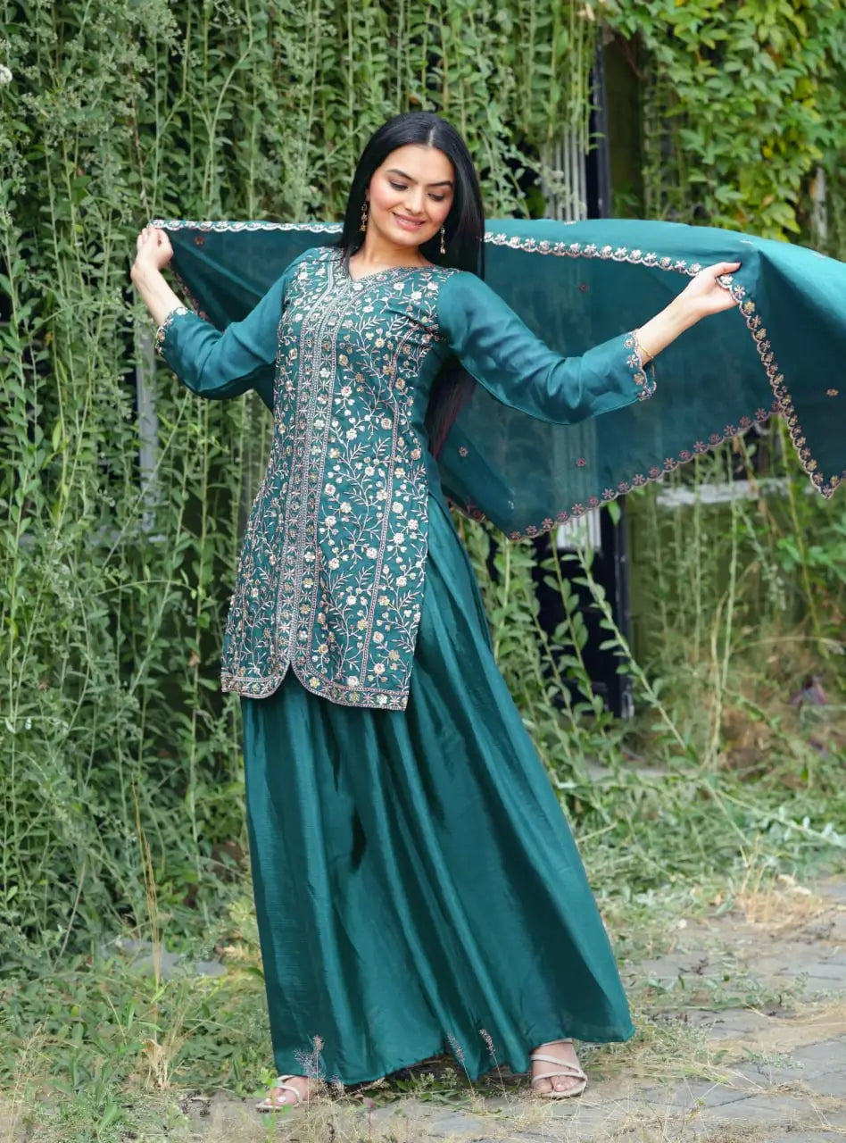 Embroidered Chinon Kurta Sharara Set