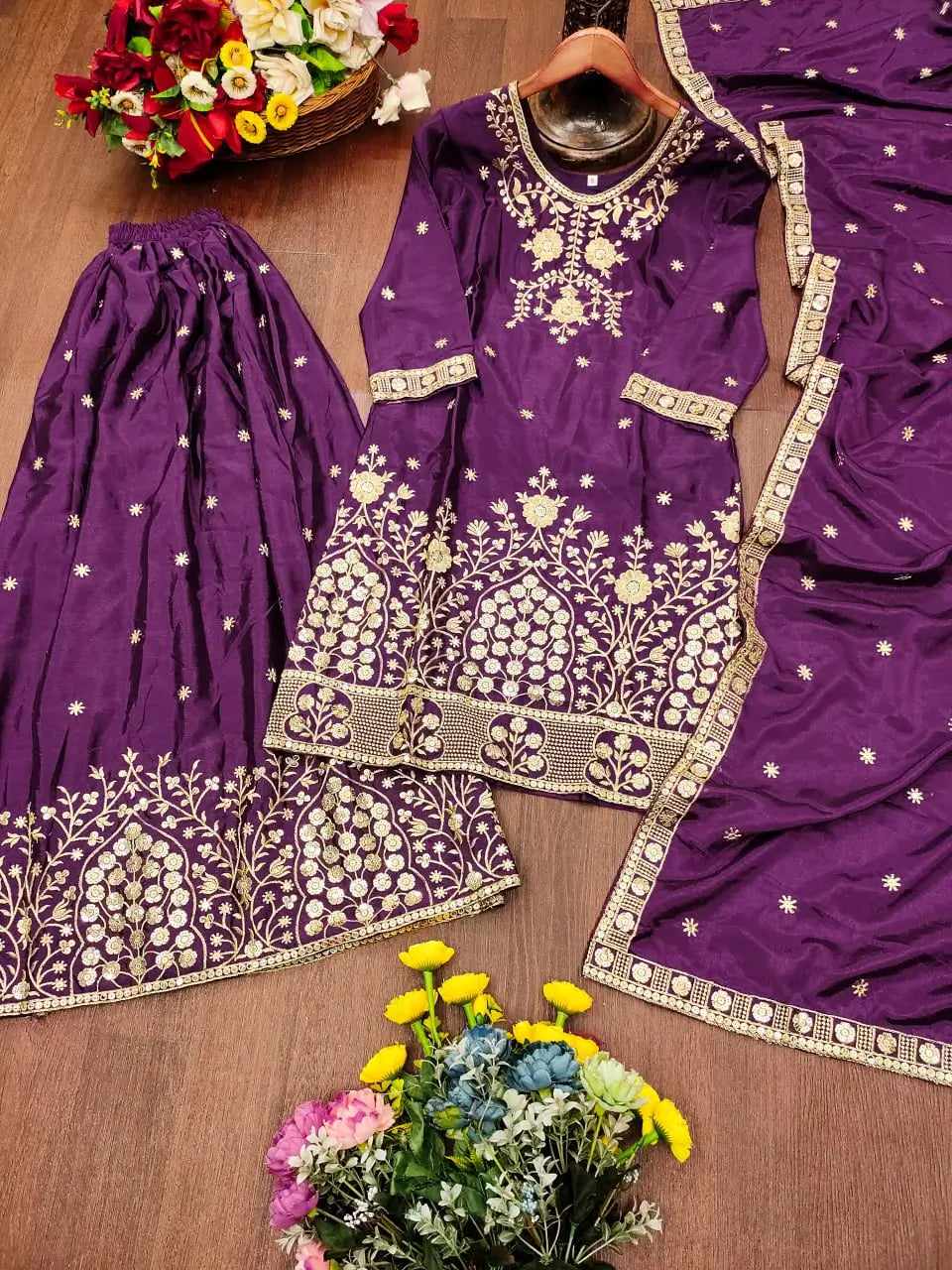 Embroidered Chinon Kurta Sharara Set