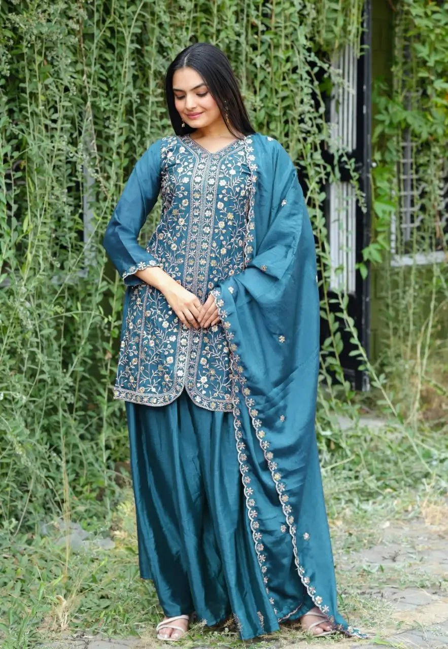 Embroidered Chinon Kurta Sharara Set