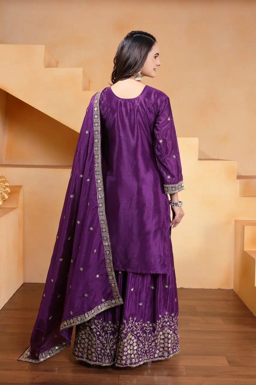 Embroidered Chinon Kurta Sharara Set
