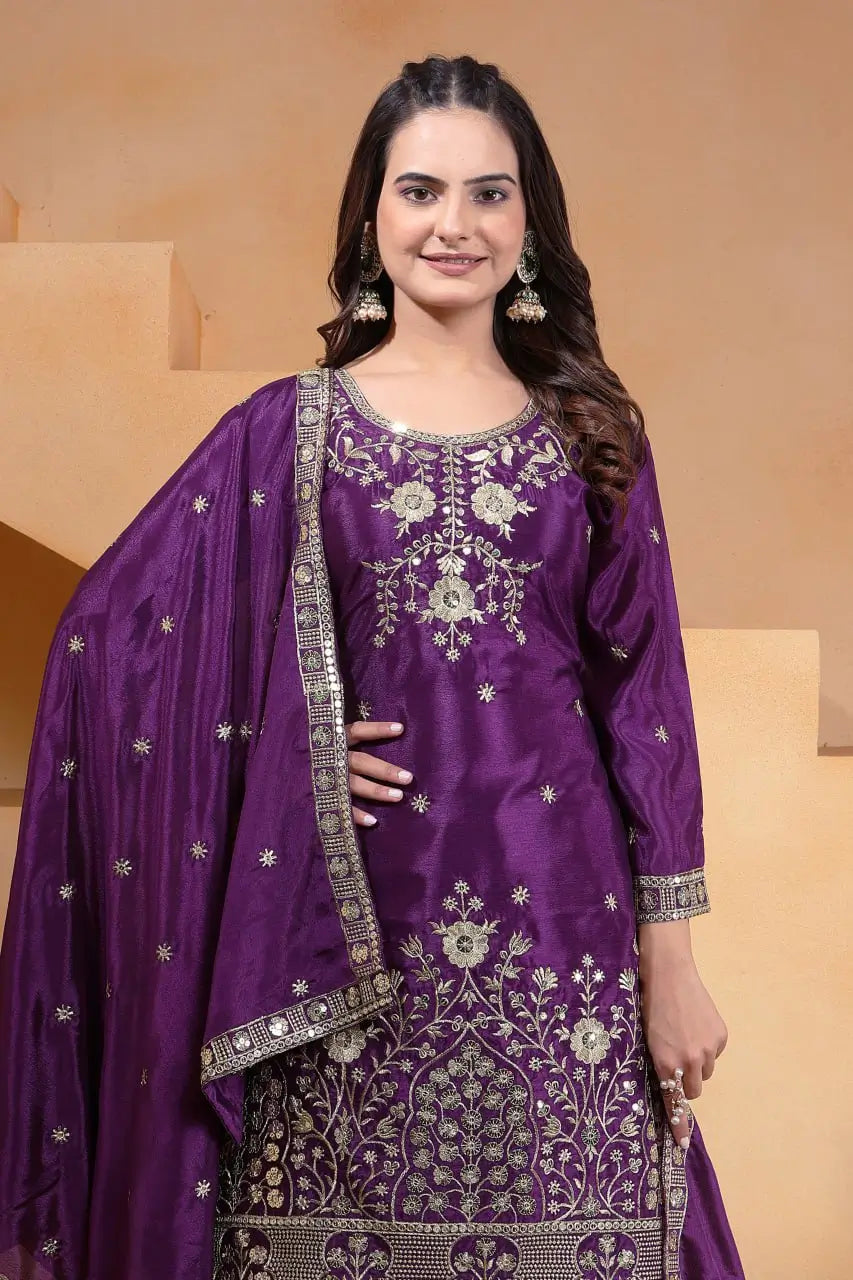 Embroidered Chinon Kurta Sharara Set