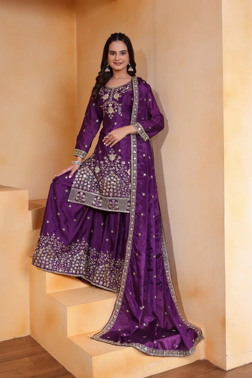 Embroidered Chinon Kurta Sharara Set