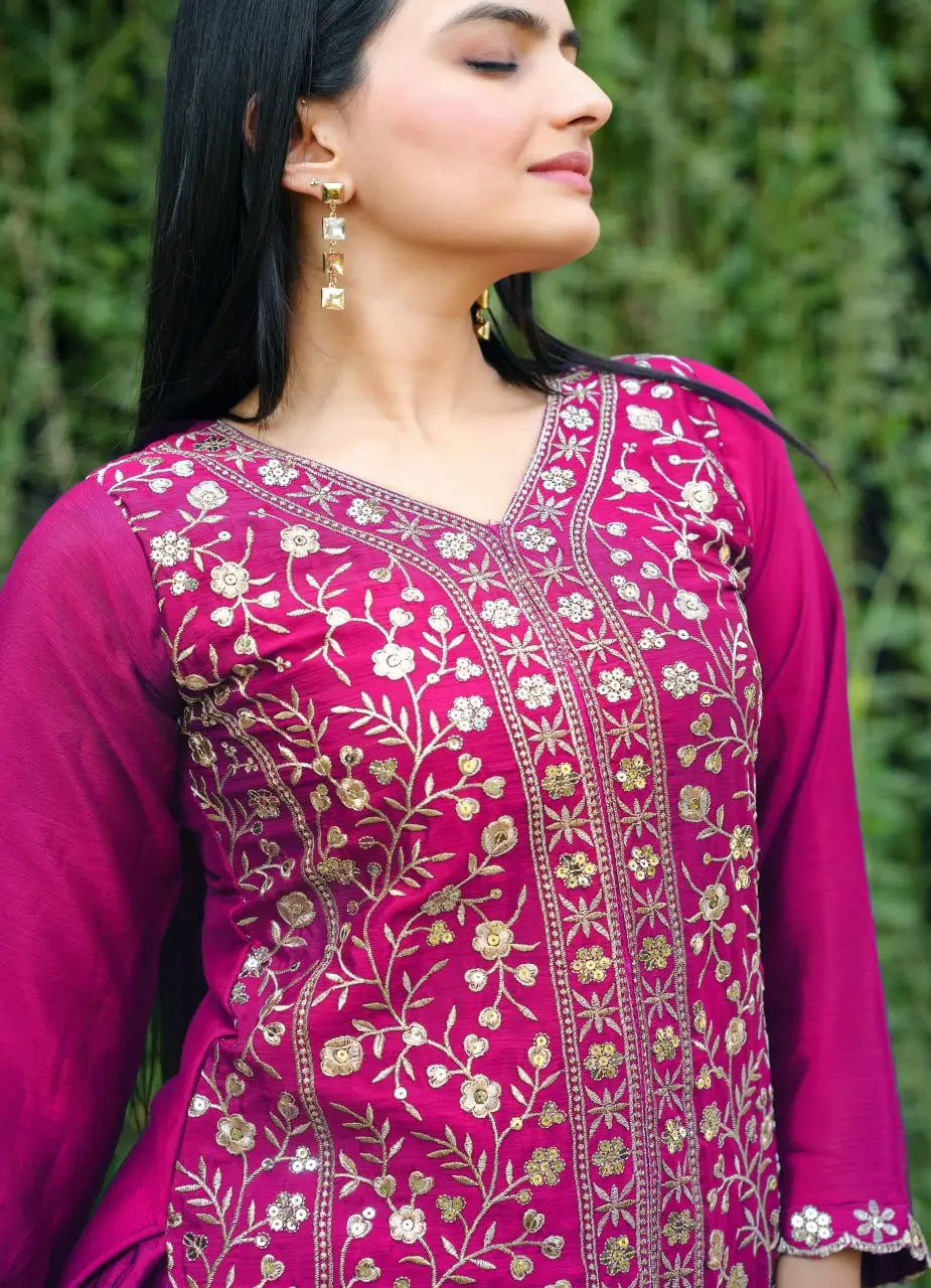 Embroidered Chinon Kurta Sharara Set
