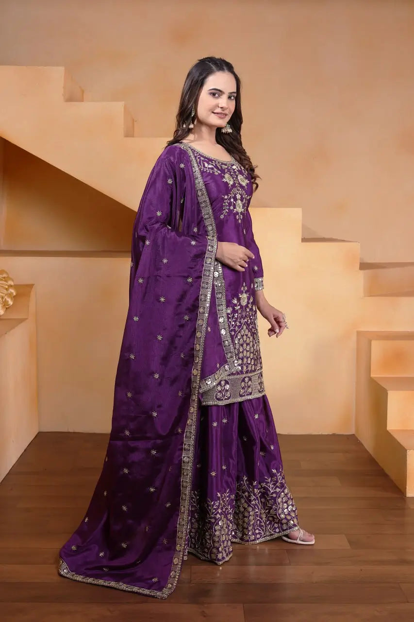 Embroidered Chinon Kurta Sharara Set