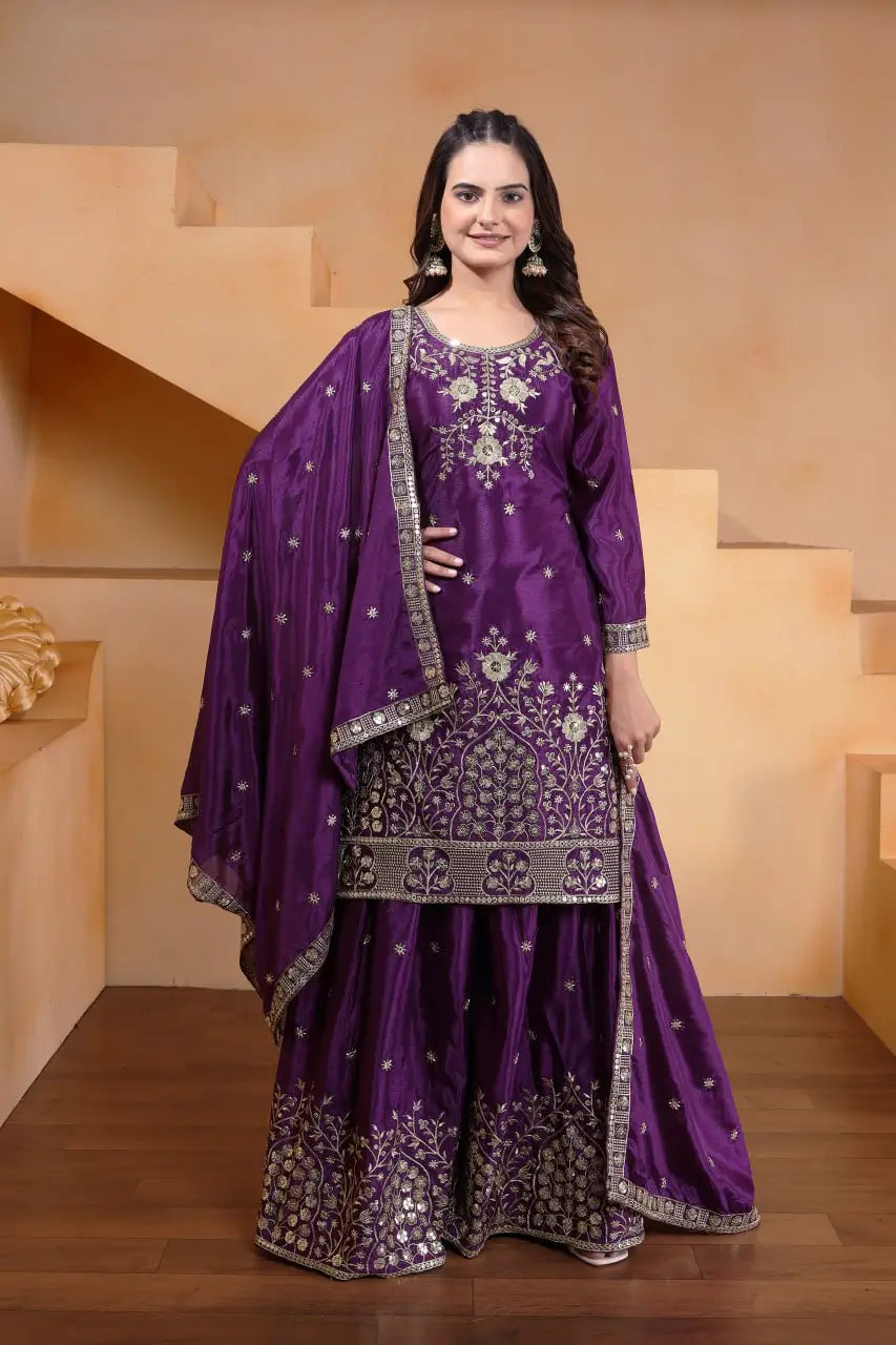 Embroidered Chinon Kurta Sharara Set