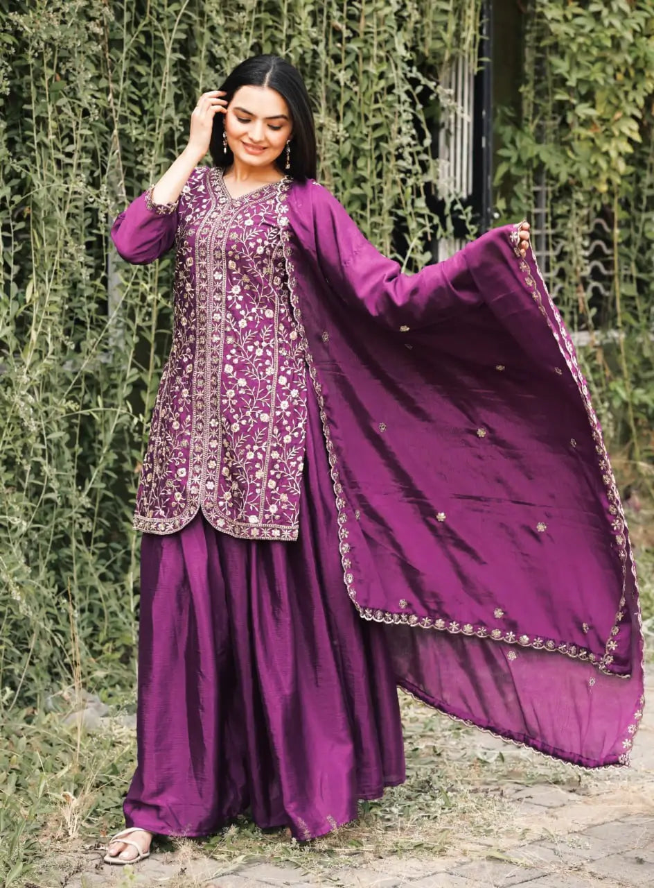 Embroidered Chinon Kurta Sharara Set
