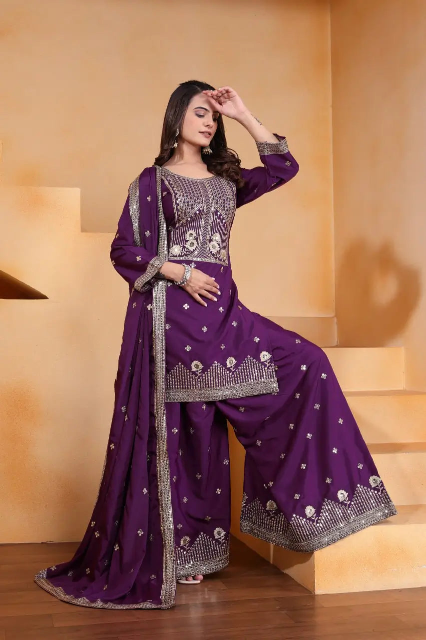Embroidered Chinon Kurta Sharara Set