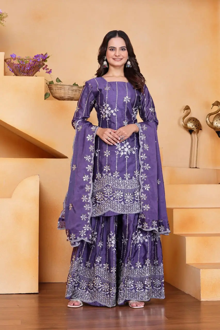 Embroidered Chinon Kurta Sharara Set