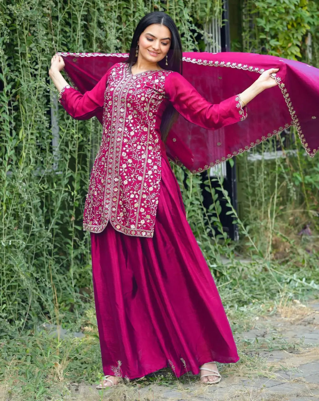Embroidered Chinon Kurta Sharara Set