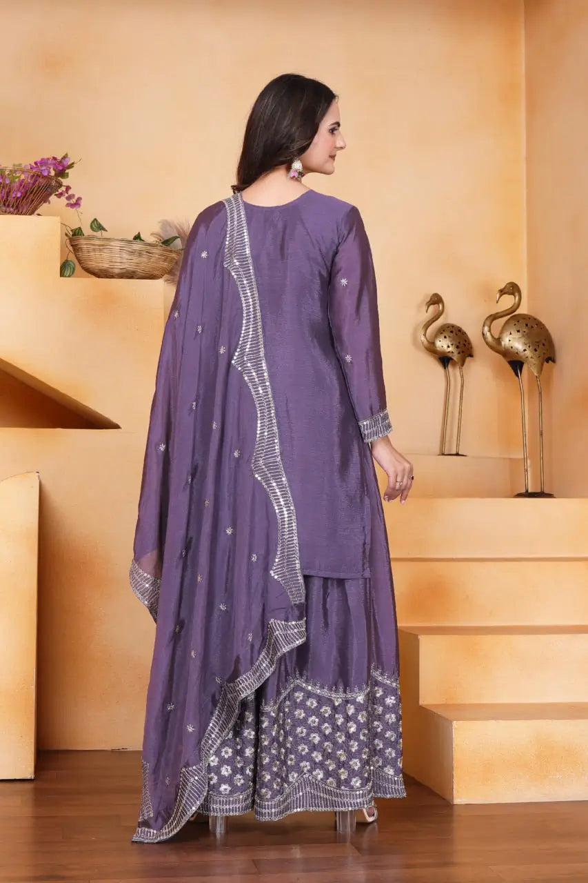 Embroidered Chinon Kurta Sharara Set
