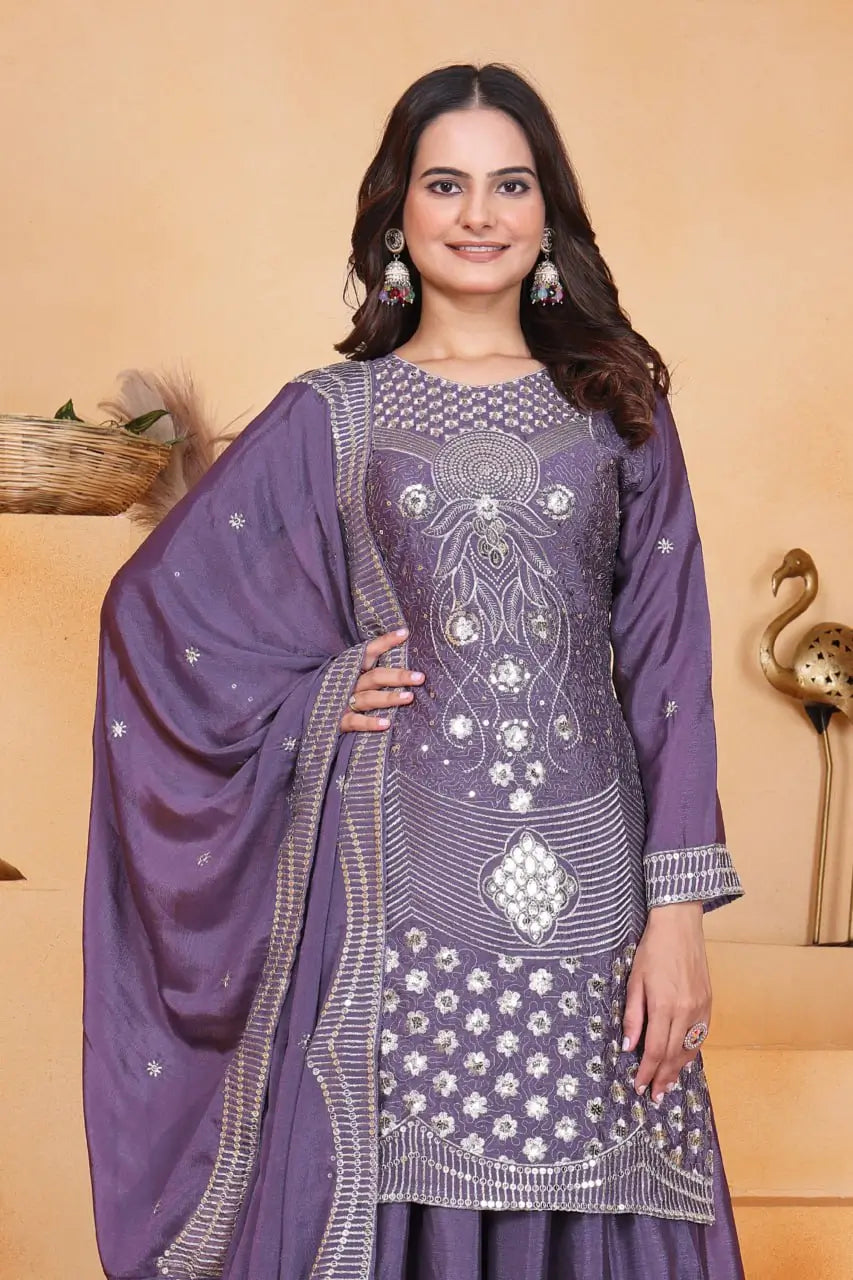 Embroidered Chinon Kurta Sharara Set