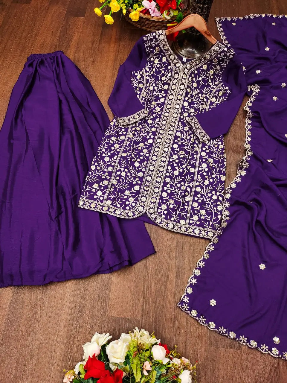Embroidered Chinon Kurta Sharara Set