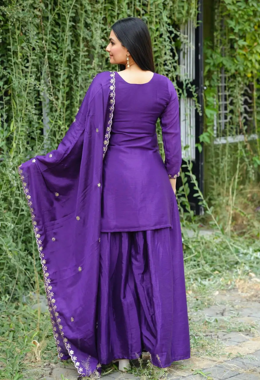 Embroidered Chinon Kurta Sharara Set