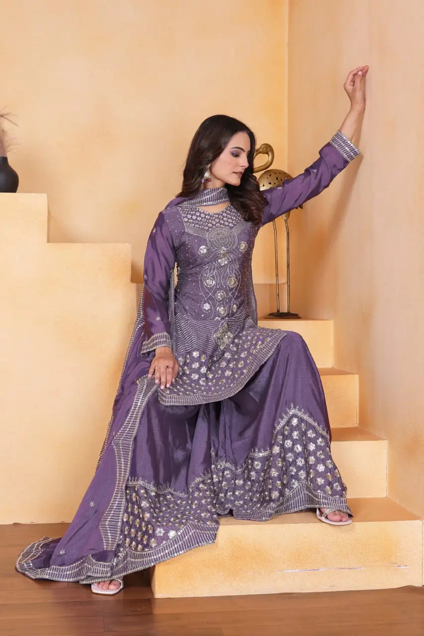 Embroidered Chinon Kurta Sharara Set