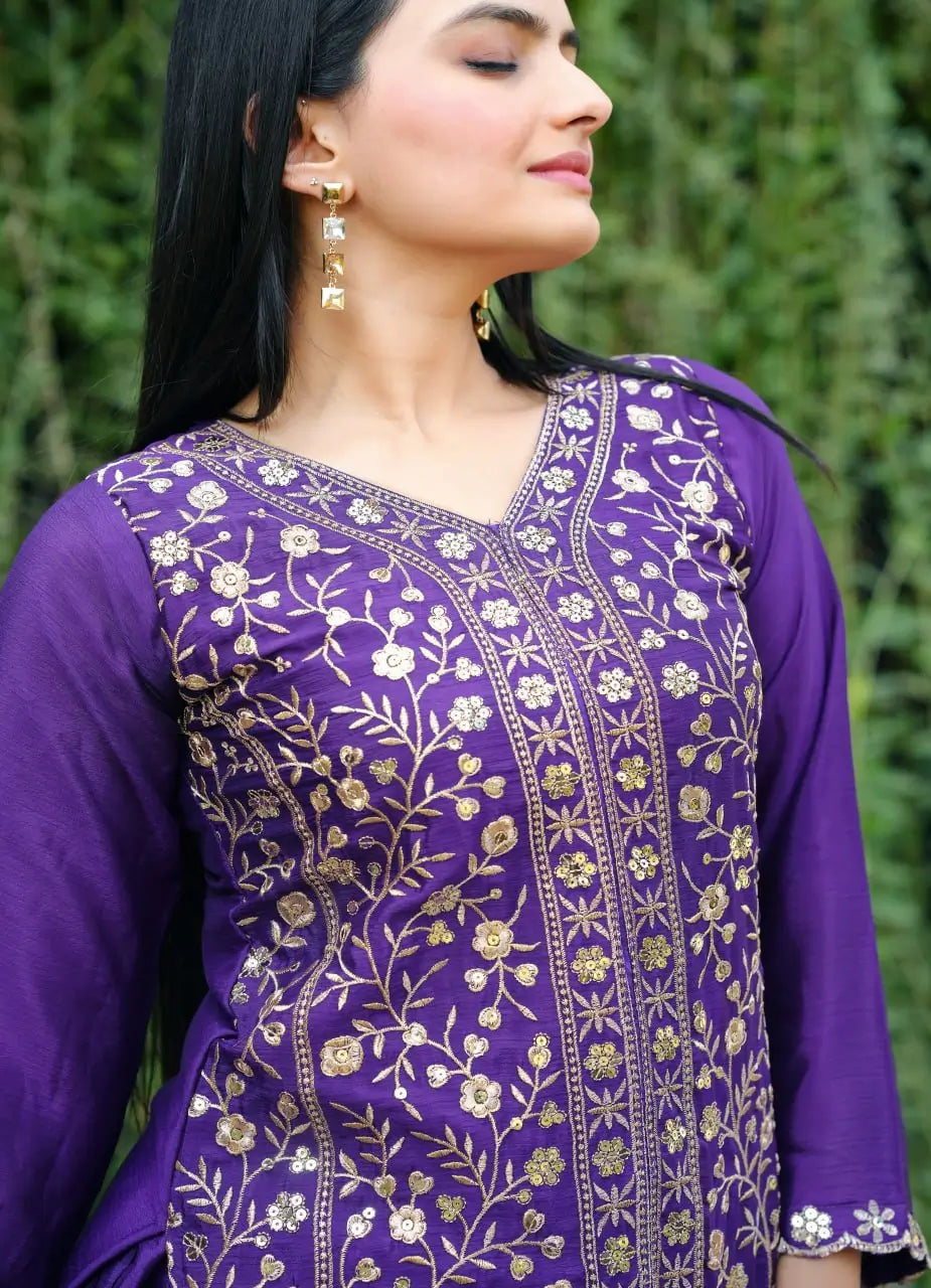 Embroidered Chinon Kurta Sharara Set