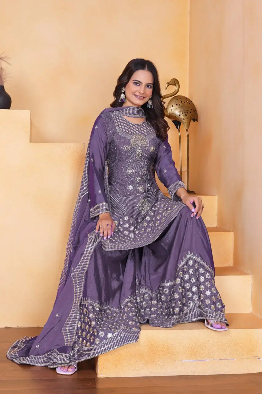 Embroidered Chinon Kurta Sharara Set