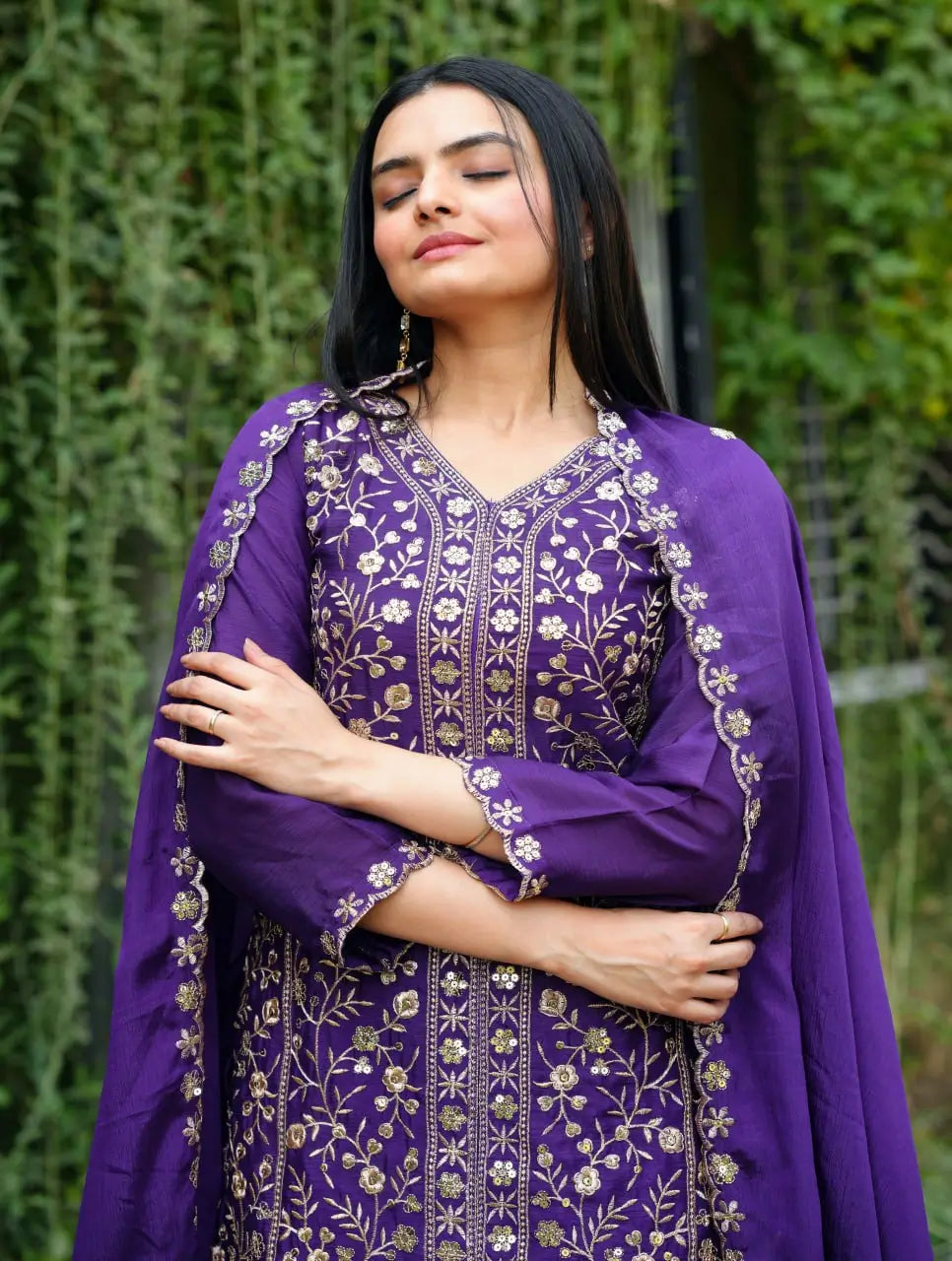Embroidered Chinon Kurta Sharara Set