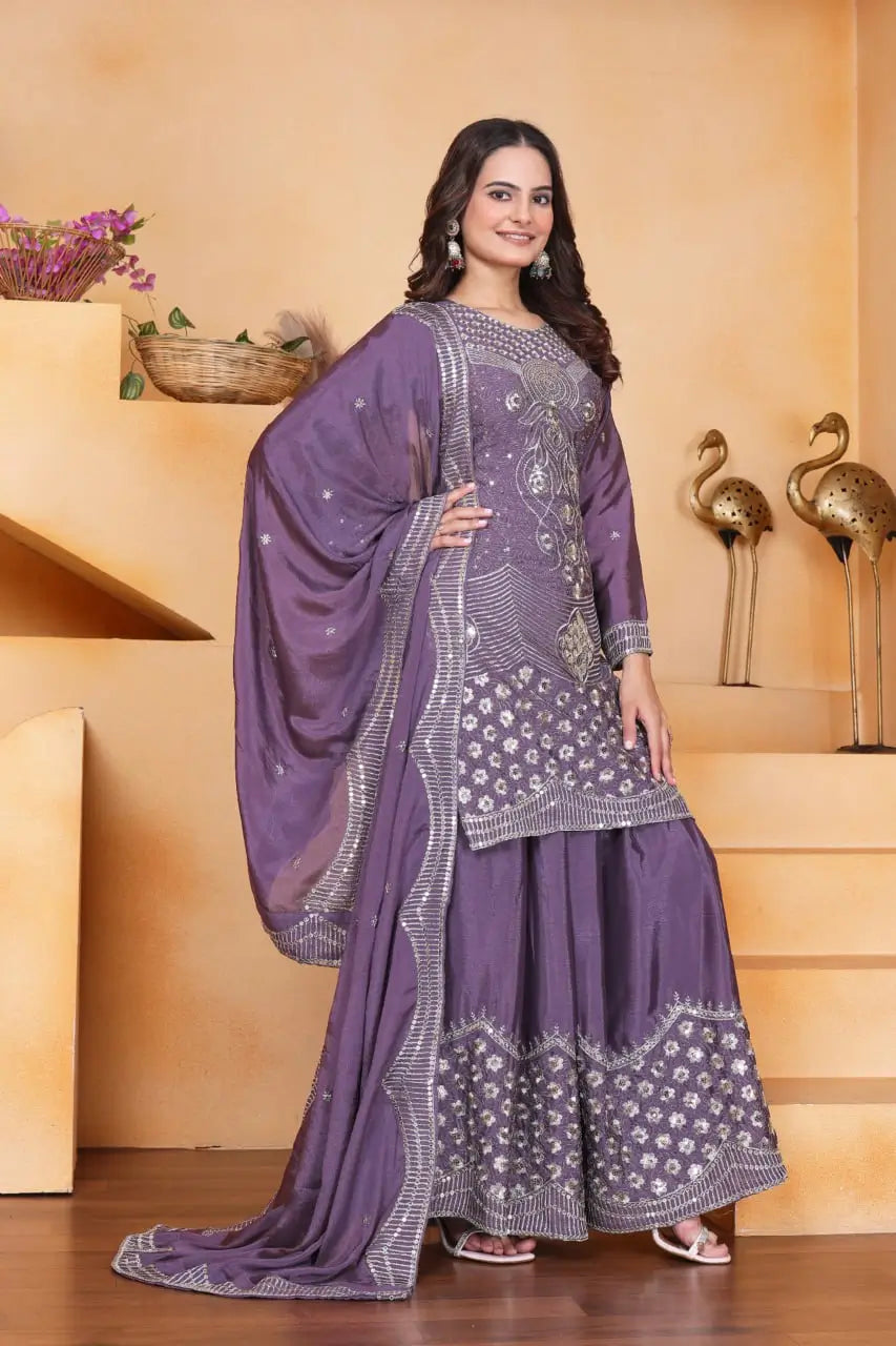Embroidered Chinon Kurta Sharara Set