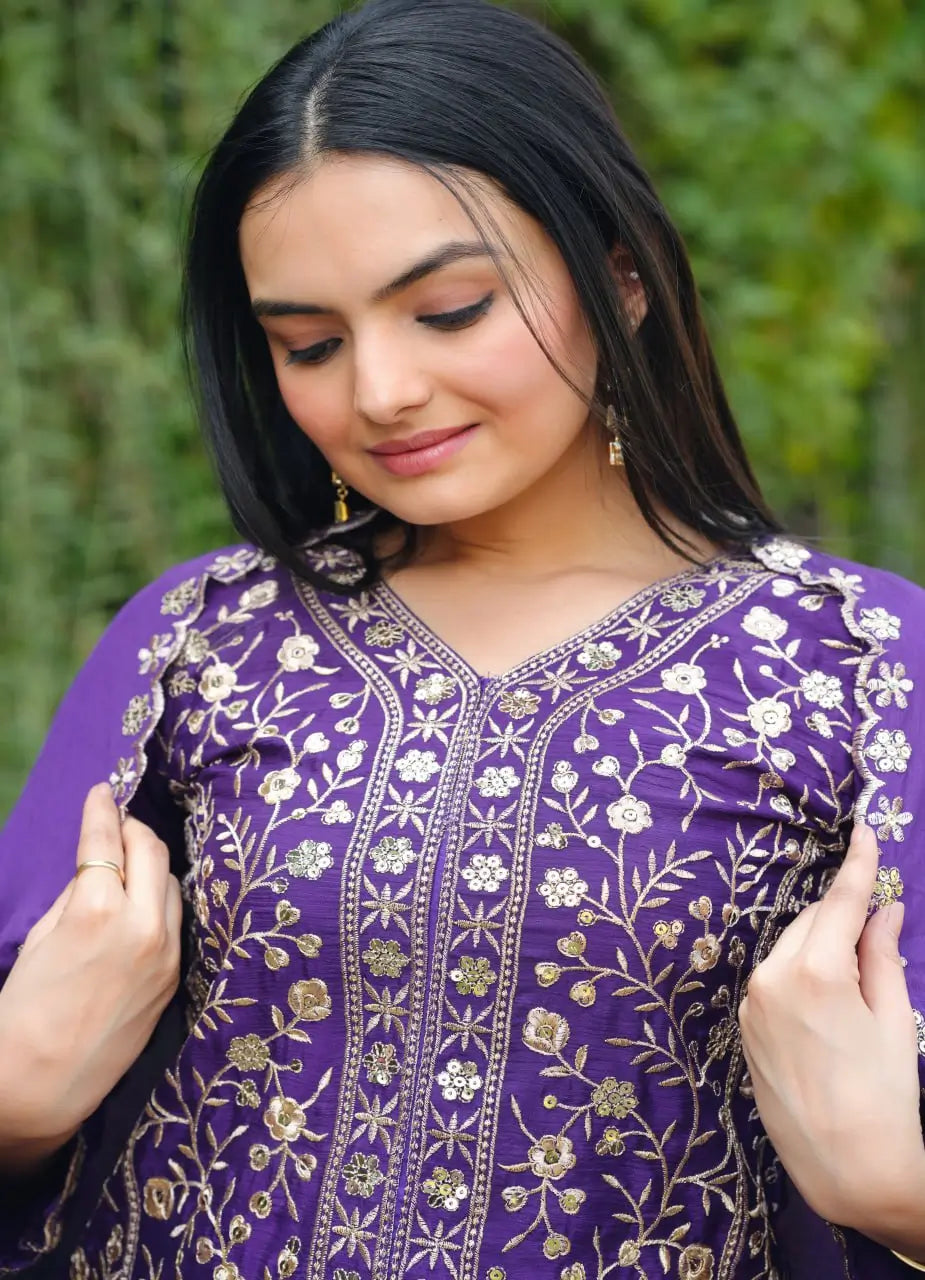 Embroidered Chinon Kurta Sharara Set