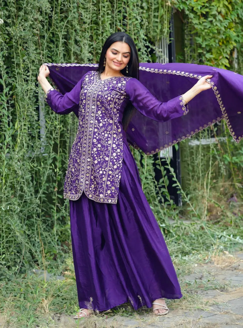 Embroidered Chinon Kurta Sharara Set