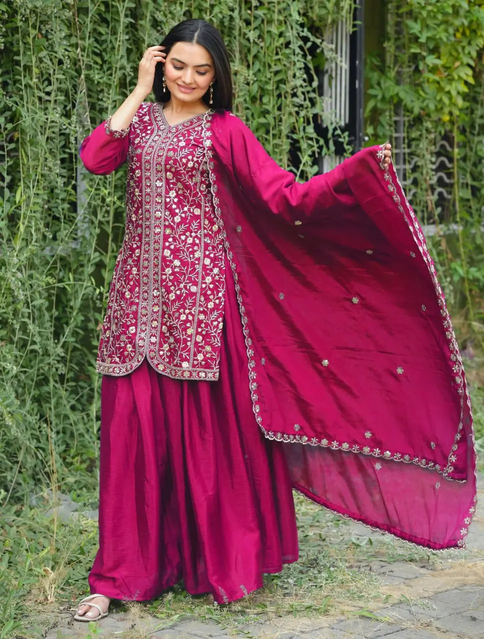 Embroidered Chinon Kurta Sharara Set