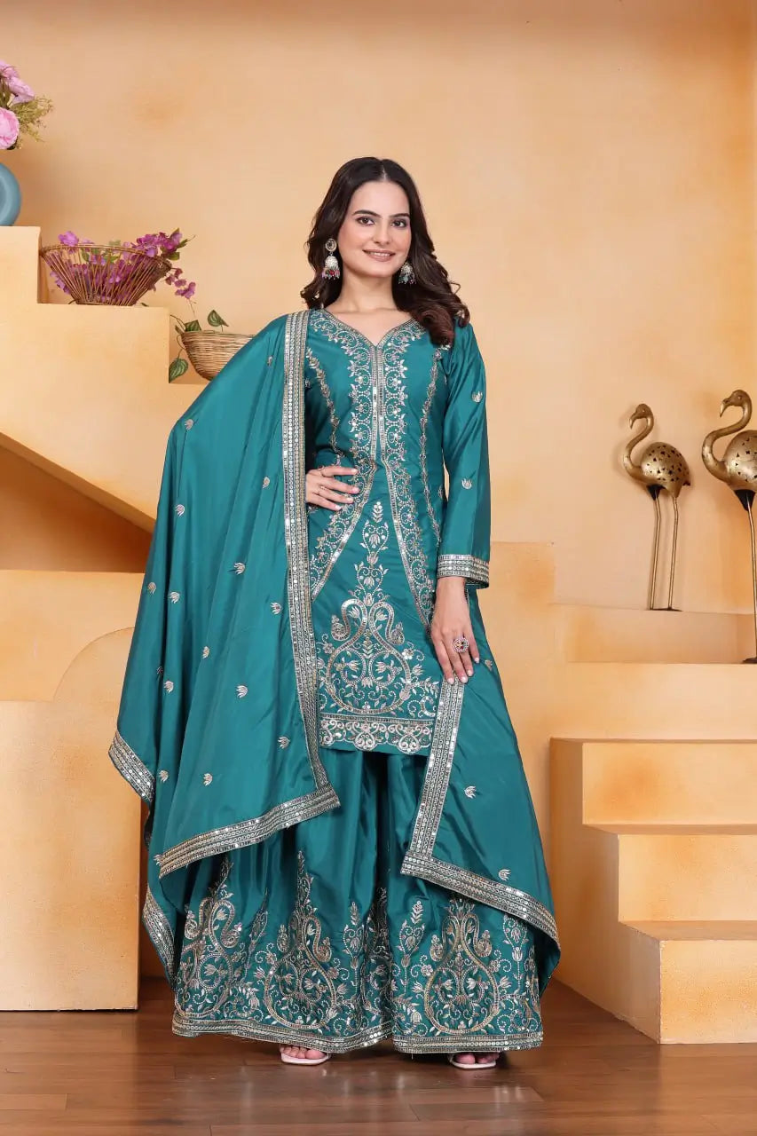 Embroidered Chinon Kurta Sharara Set