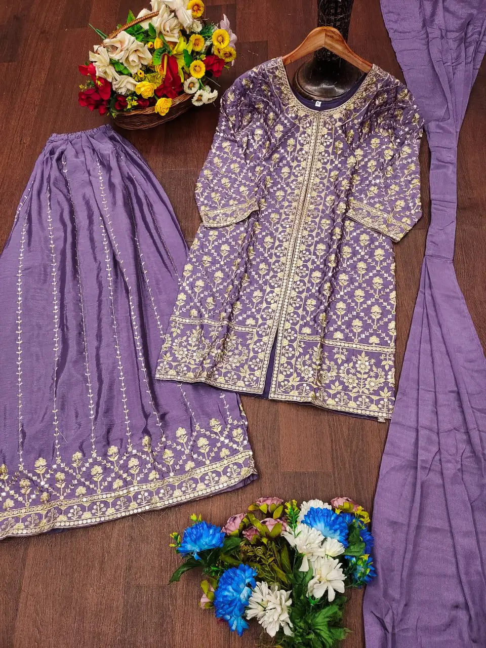 Embroidered Chinon Kurta Sharara Set