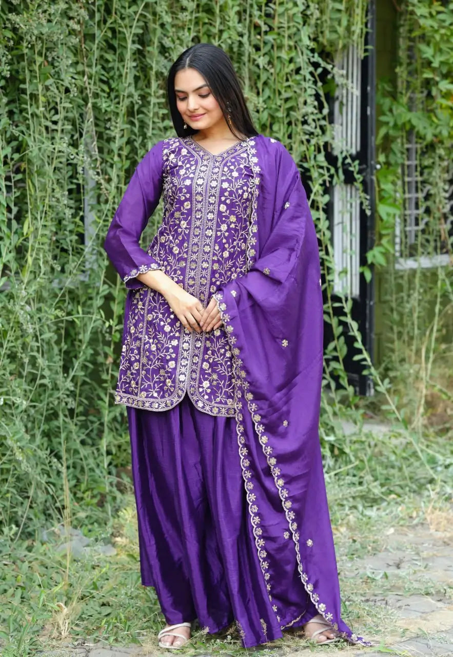 Embroidered Chinon Kurta Sharara Set