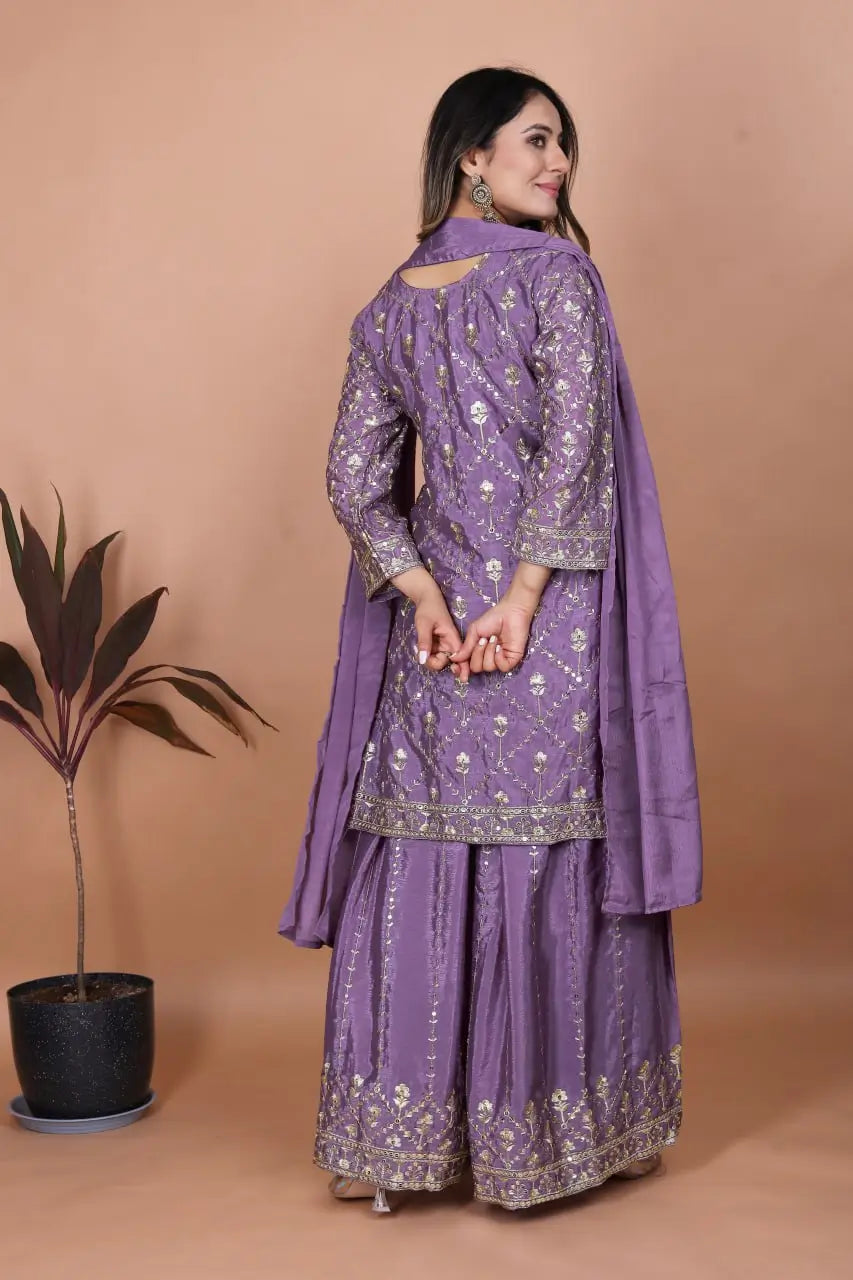 Embroidered Chinon Kurta Sharara Set