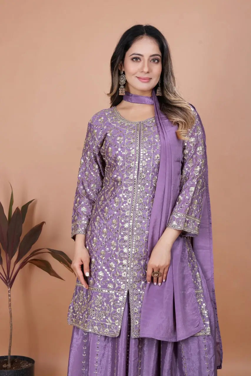 Embroidered Chinon Kurta Sharara Set