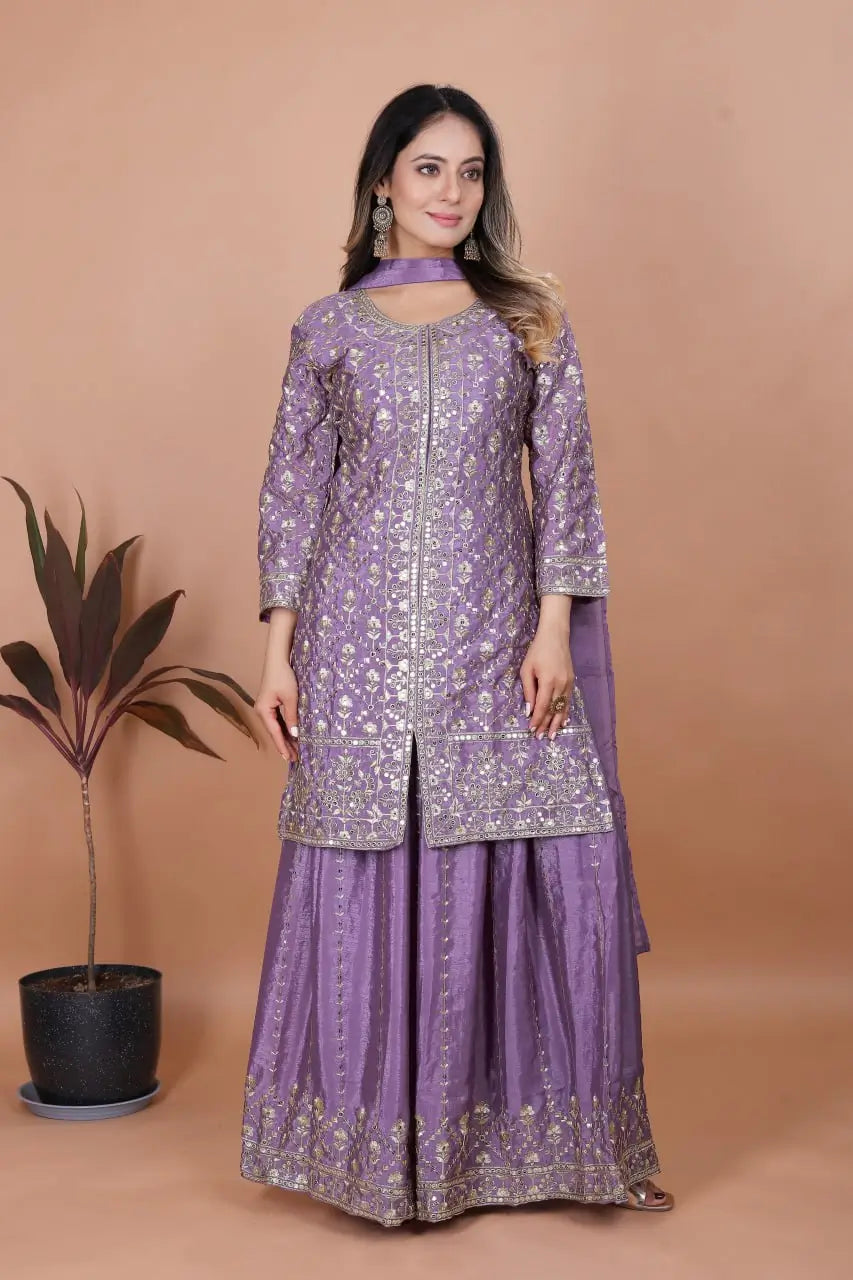 Embroidered Chinon Kurta Sharara Set