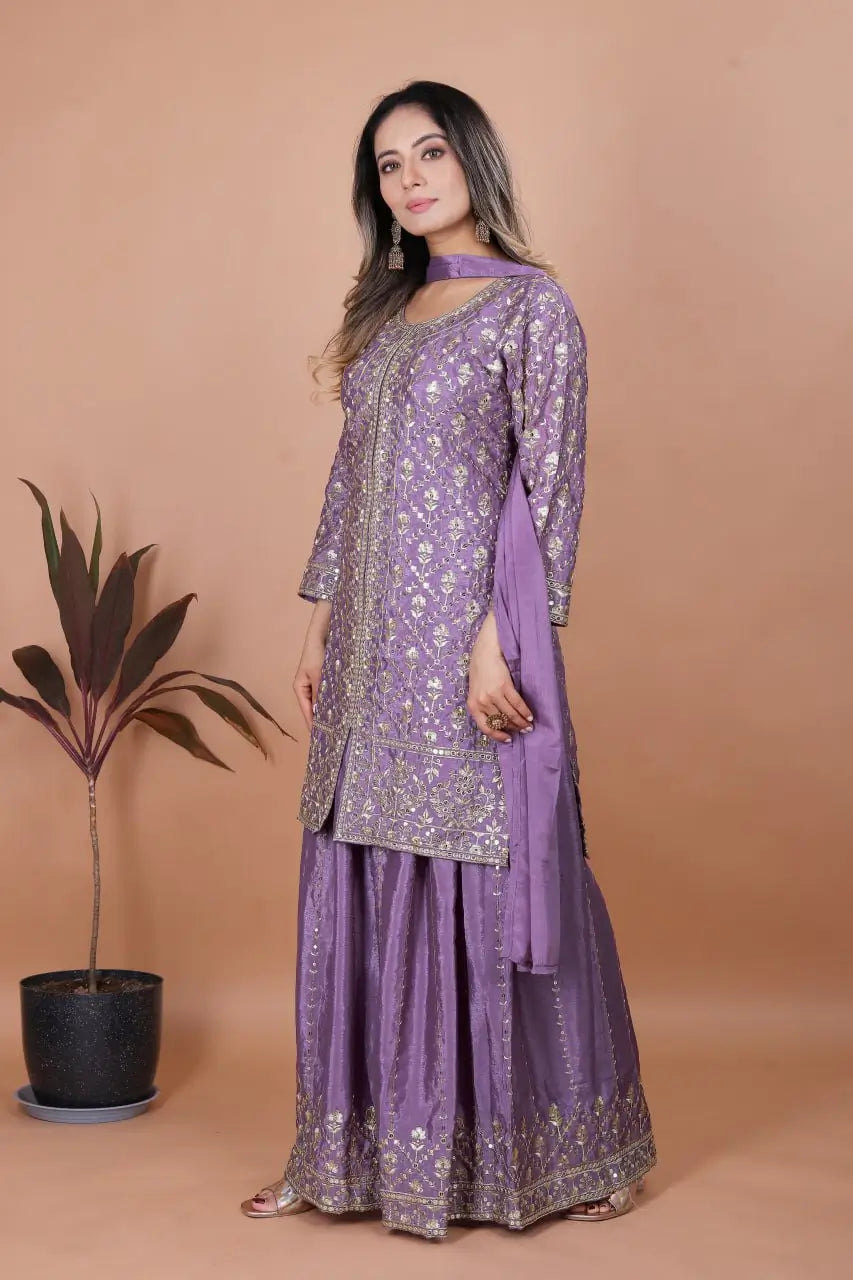 Embroidered Chinon Kurta Sharara Set