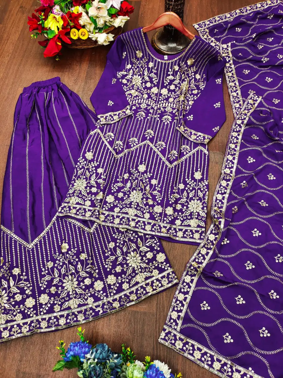 Embroidered Chinon Kurta Sharara Set