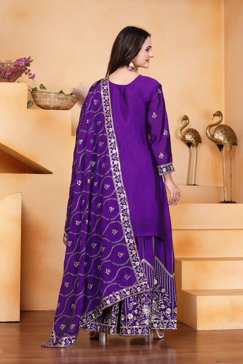 Embroidered Chinon Kurta Sharara Set