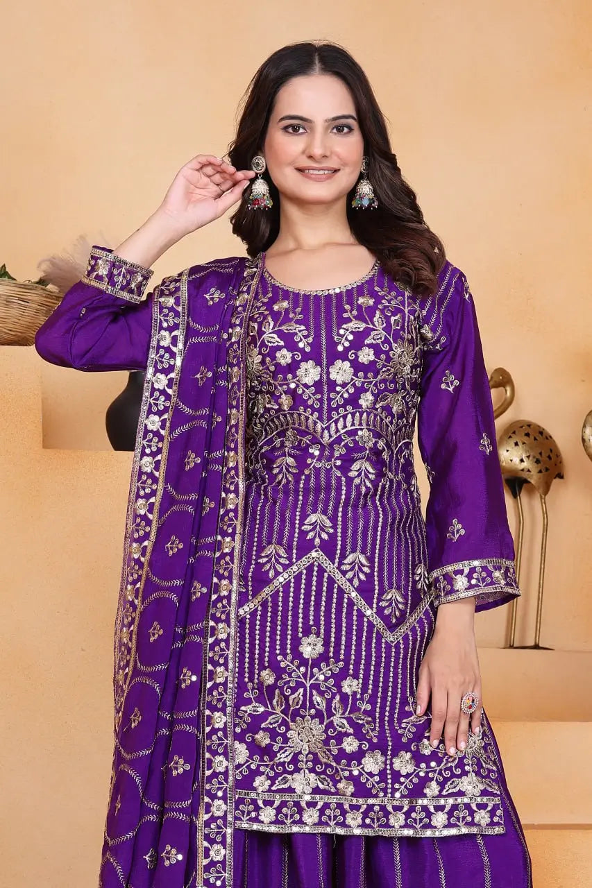 Embroidered Chinon Kurta Sharara Set